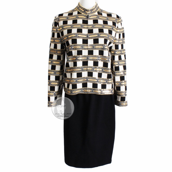 St John Evening Jacket Embellished Knit Gold Black White Zip Front Vintage Sz 10 - Picture 3 of 11